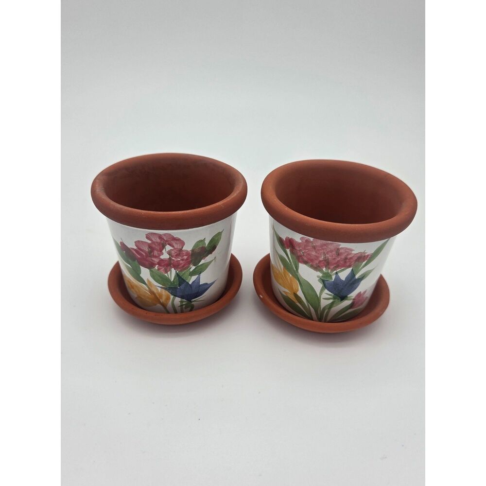 Vintage Emerson Creek Pottery Hand Painted Floral Terracotta Pots and Saucers